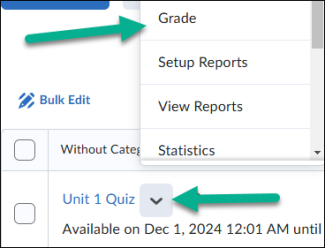 Image of the arrow next to a quiz name being selected, and the grade option subsequently highlighted