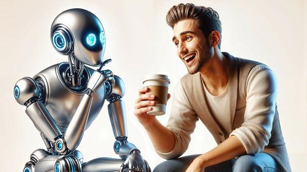 Robot & Man conversing over coffee