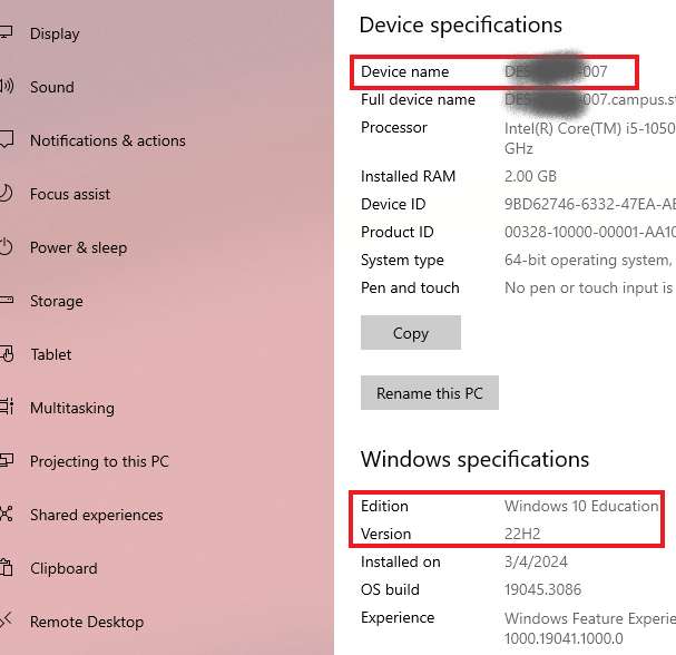 Device specifications