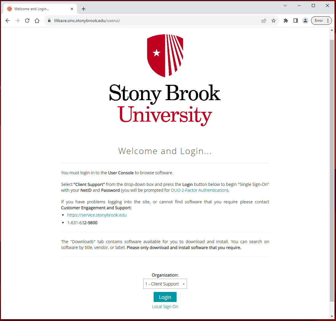SBU login screen