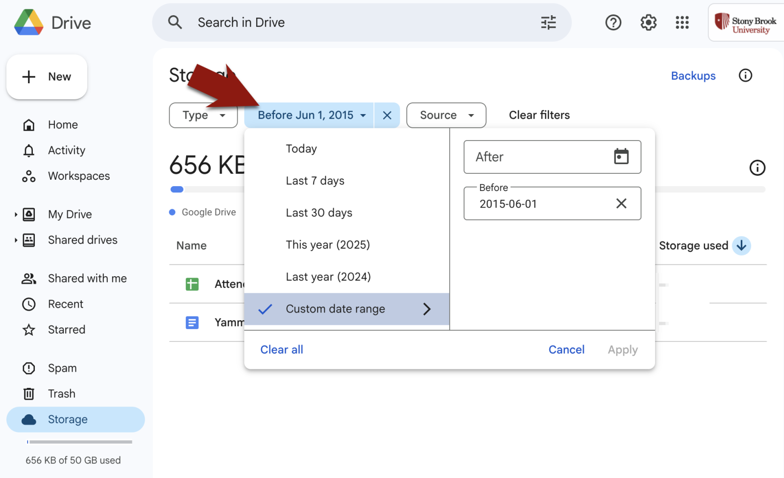 filter large drive file storage by modified before custom date range