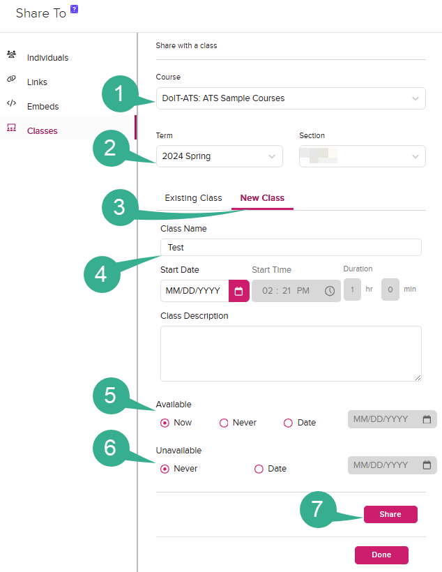 Input fields for creating a new class numbered