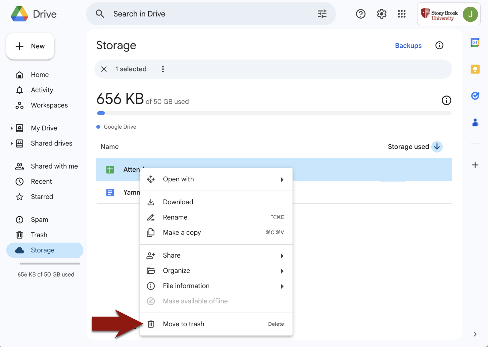 right click menu for drive file showing Move to trash