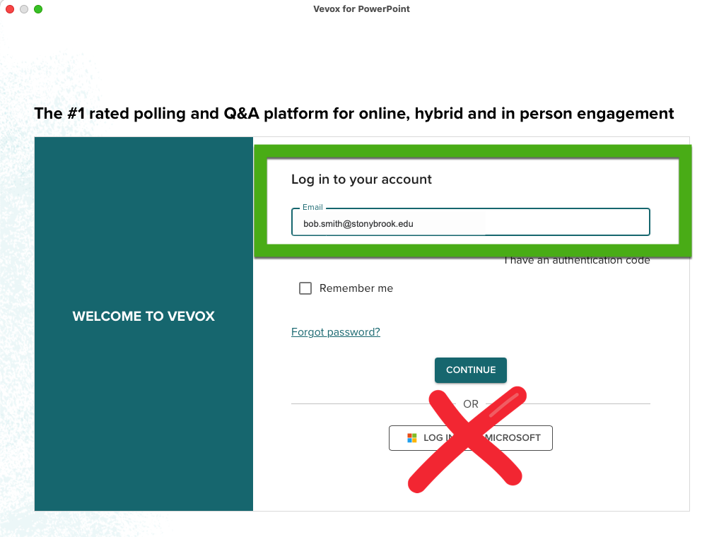 sign into Vevox with Email address not Microsoft account