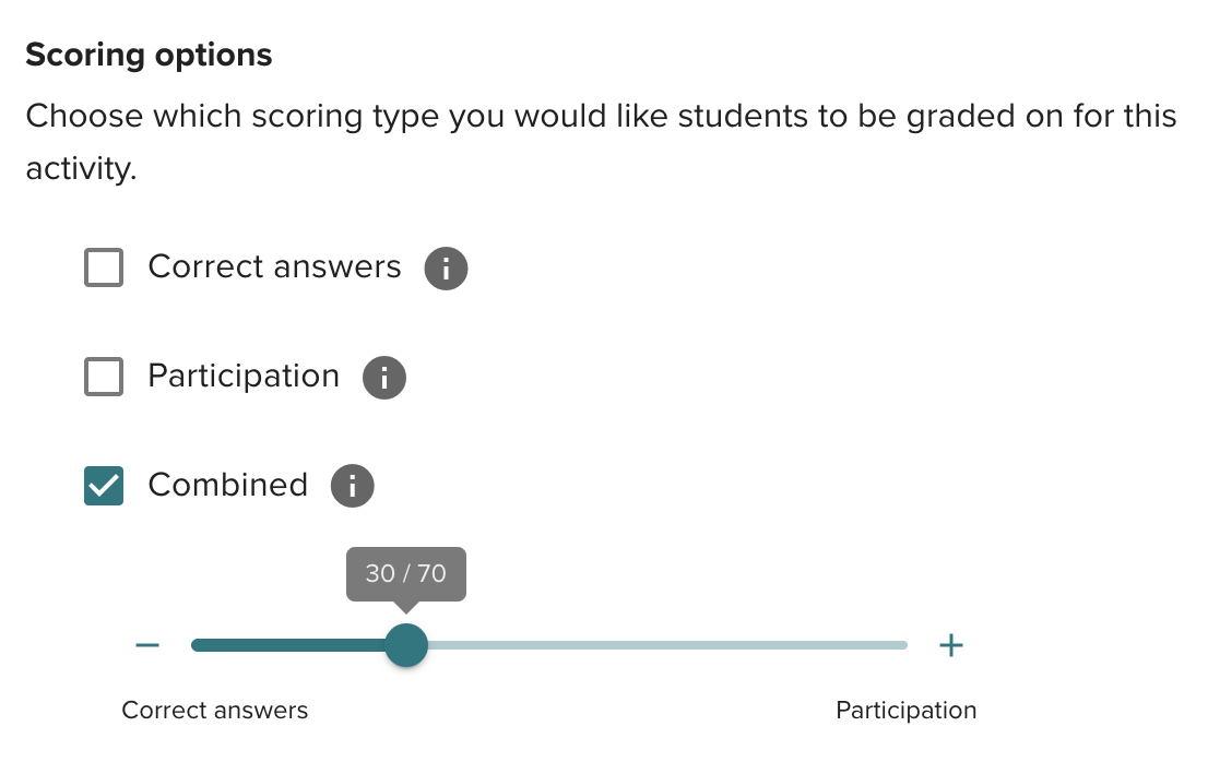 scoring options with Combined selected at 30/70 correct/participation
