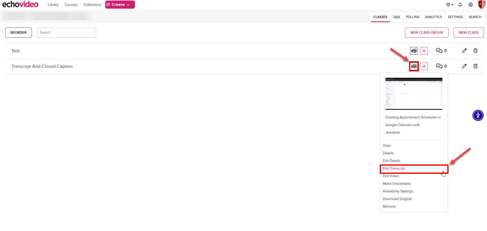 Dropdown menu that appears after selecting Course Media Button. The Edit Transcript button is selected