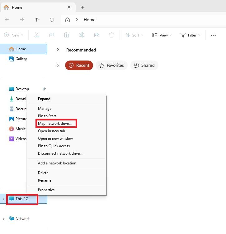 Right-click This PC and then select Map Network Drive