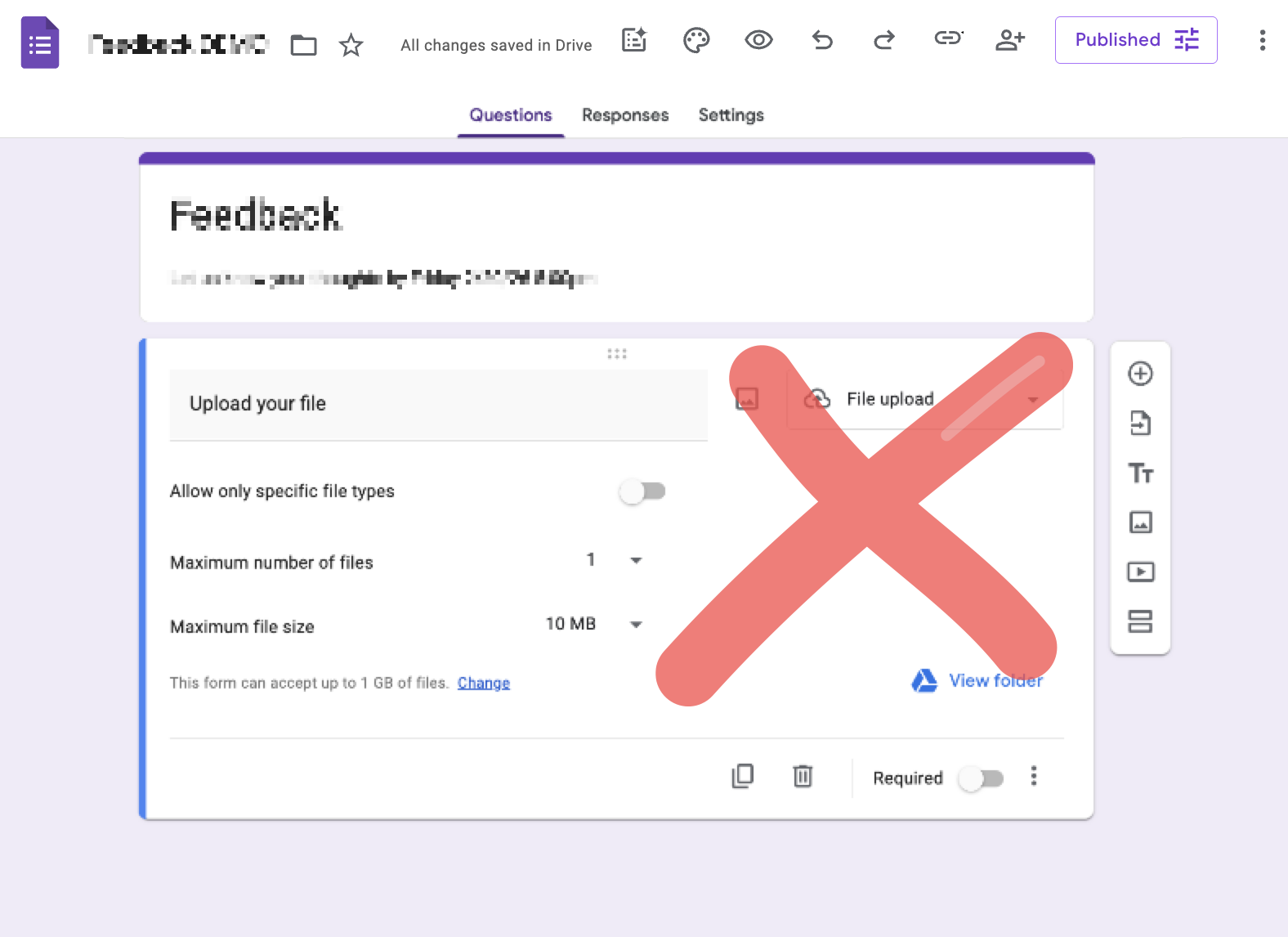 screenshot showing file upload question with an X over it