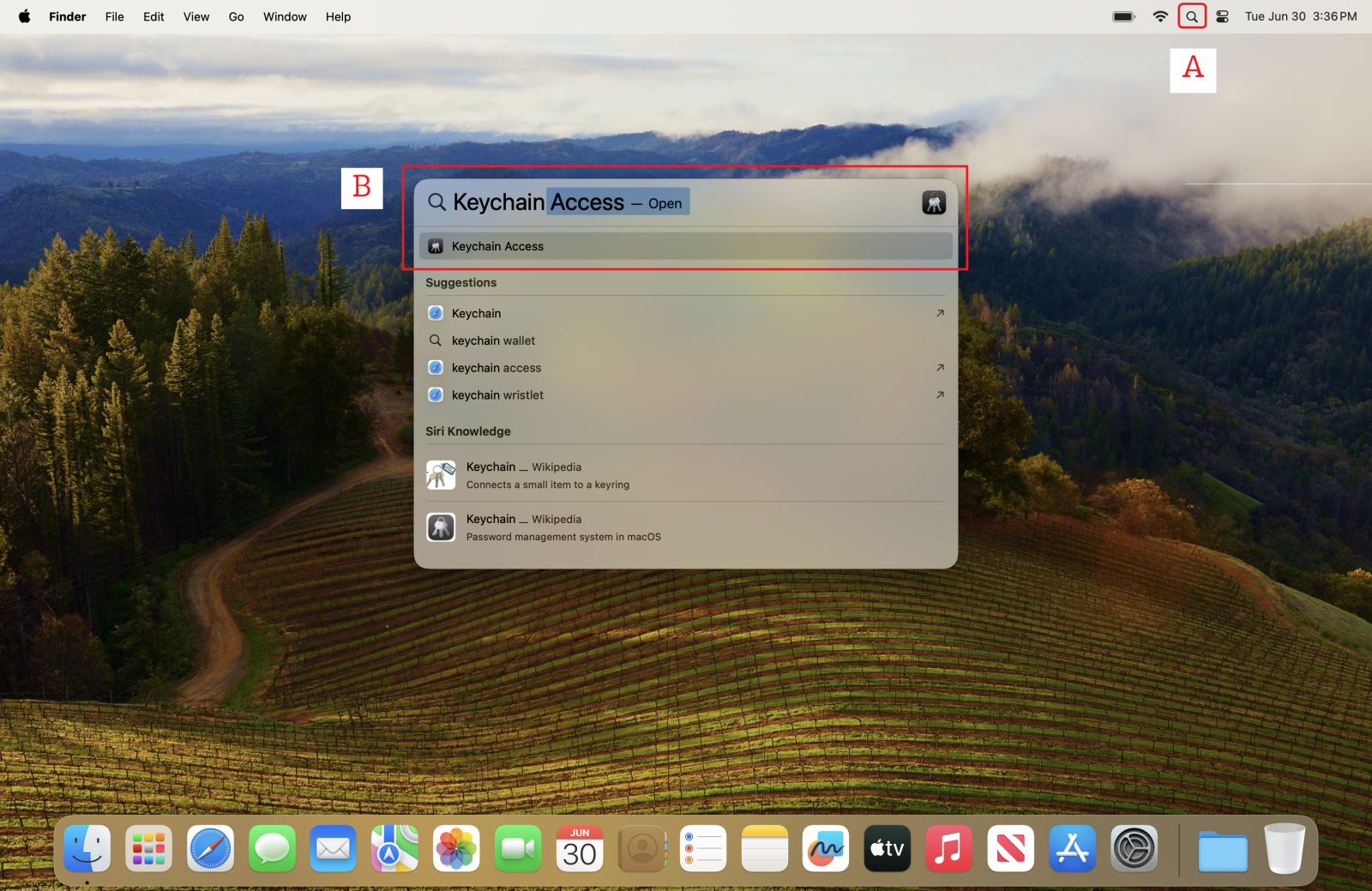 A screenshot of the Mac home screen with the search function available, and "Keychain Access" typed into the search bar.