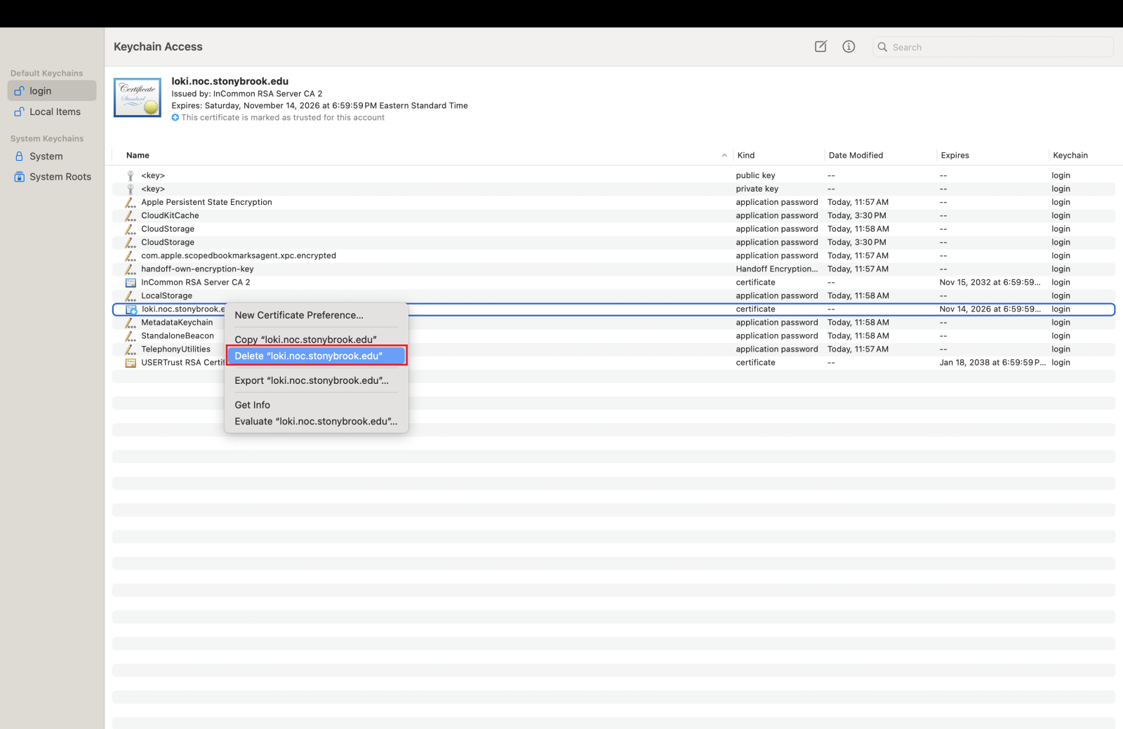 A screenshot of the Keychain access app open, with the certificate right-clicked into and selected for deletion.