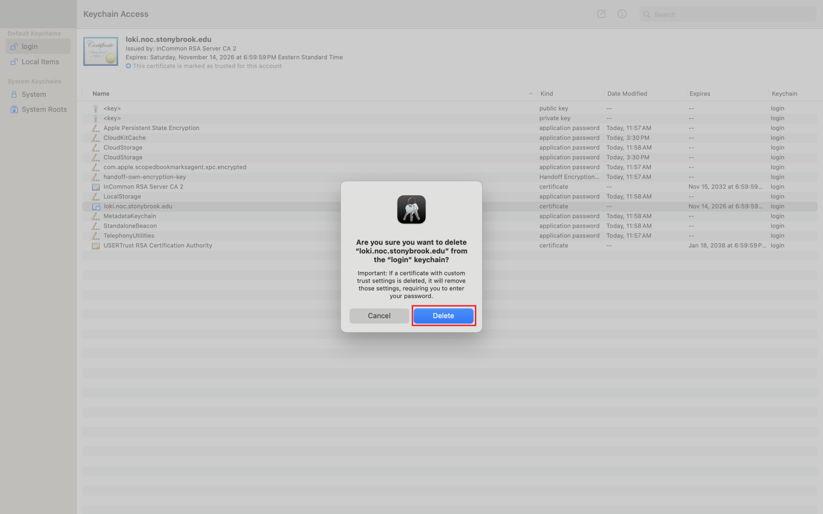 A screenshot of the certificate deletion confirmation message, with the delete option circled in red.