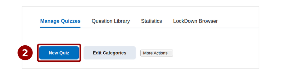 The Manage Quizzes tab. Callout 2 marks the New Quiz button.