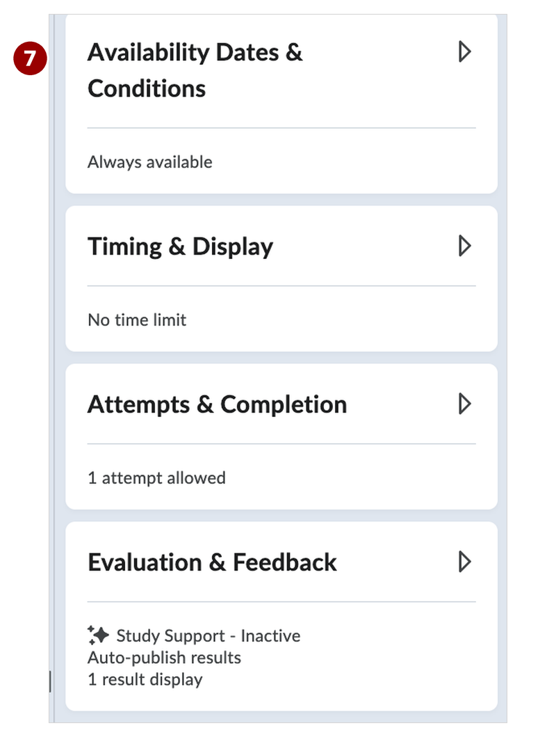 The quiz editor’s right panel. Callout 7 marks its four settings sections.