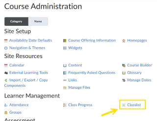 Classlist option in the Course Admin page