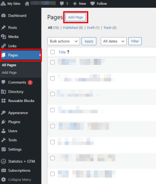 Site dashboard on Pages tab