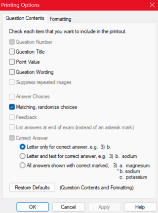 Question Content settings