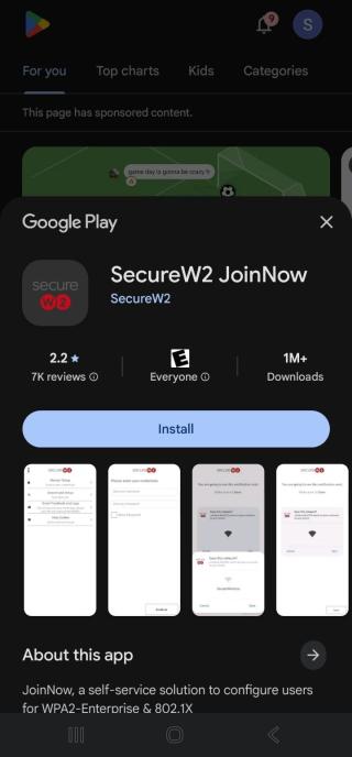 A screenshot of the Google Play Store interface displaying an overlay card to install the 'SecureW2 JoinNow' app. The card includes the app logo and a prominent blue 'Install' button.