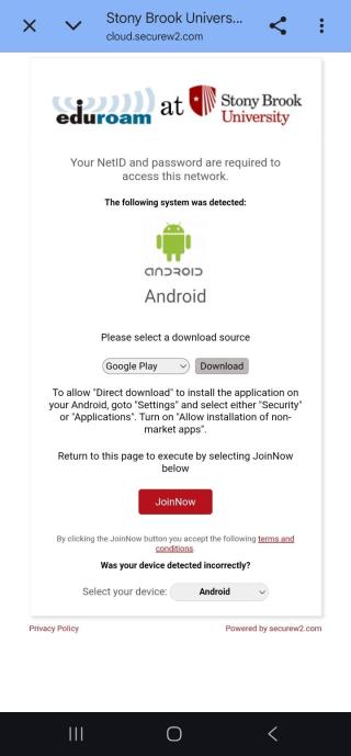 A web page hosted on cloud.securew2.com for Stony Brook University eduroam setup. The page states 'Your NetID and password are required to access this network' and shows a large Android logo under 'The following system was detected:'. It includes a dropdown menu for 'Google Play' next to a 'Download' button, manual installation instructions for a direct download, and a red 'JoinNow' button at the bottom.