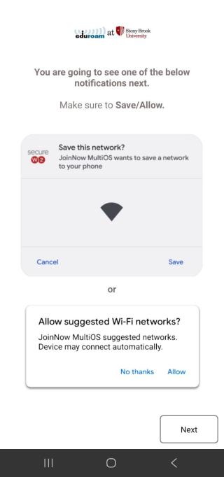An instructional screen for eduroam at Stony Brook University advising users that they will see a system notification to either save the network or allow suggested networks, illustrating both potential system prompt styles.