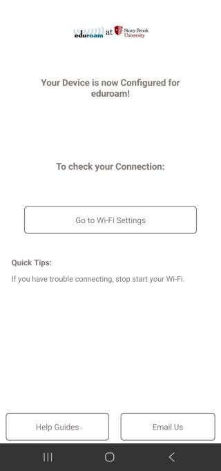 A confirmation screen stating 'Your device is now configured for eduroam!' for Stony Brook University, featuring a button to 'Go to Wi-Fi Settings' and troubleshooting tips.