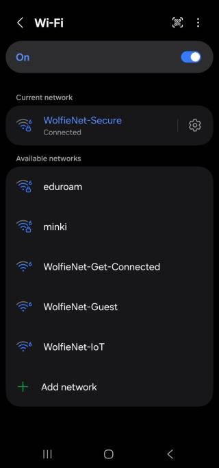 Screenshot of a smartphone Wi-Fi settings menu in dark mode, showing the device connected to 'WolfieNet-Secure' with several other local networks available.
