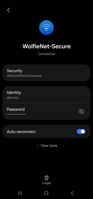 A smartphone settings screen displaying connection details for 'WolfieNet-Secure' as connected. The network security is listed as WPA2/WPA3-Enterprise, the identity field is filled, and the password is hidden. 'Auto reconnect' is toggled on, and a 'Forget' option is available at the bottom.