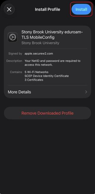 Click Install on the top right to install the configuration profile