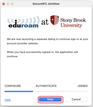 You will arrive at the Eduroam at Stony Book University screen. Click Next.