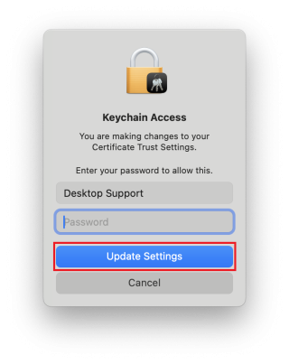 A screenshot of the device password requirement to update settings on Mac.