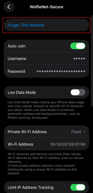 A screenshot of network settings on iPhone with 'Forget This Network' circled.