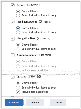 selected items to copy over to course in Brightspace