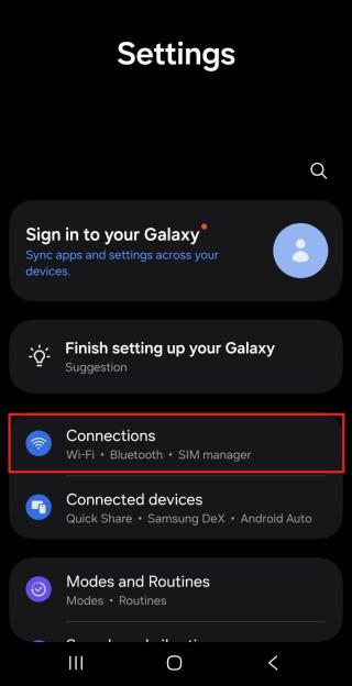 A screenshot of an Android's Settings page with the Connections option boxed in red.