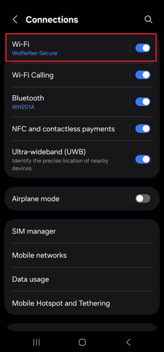 A screenshot of an Android's Connections Settings page with the Wi-Fi option boxed in red.