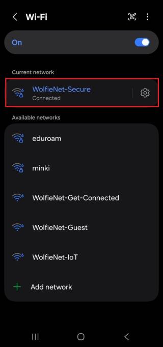 A screenshot of an Android's Wi-Fi networks page with the WolfieNet-Secure network (as an example) boxed in red.