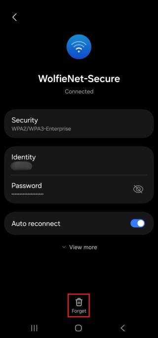 A screenshot of a Samsung Network configuration page with the Forget icon boxed in red.