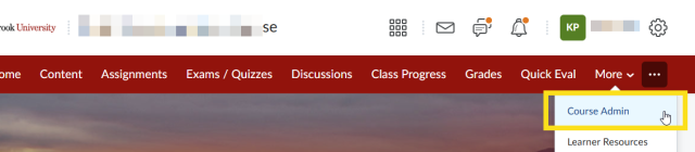 Course Admin option highlighted