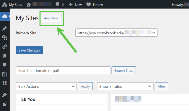 Add New button located next to the My Sites heading, on the sites tab under Dashboard
