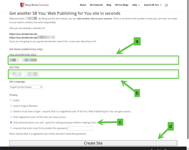 Message showing successful site creation