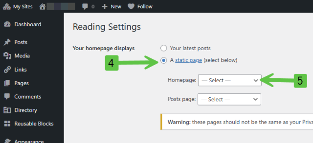 arrow pointing to the dropdown for homepage display settings on a static homepage