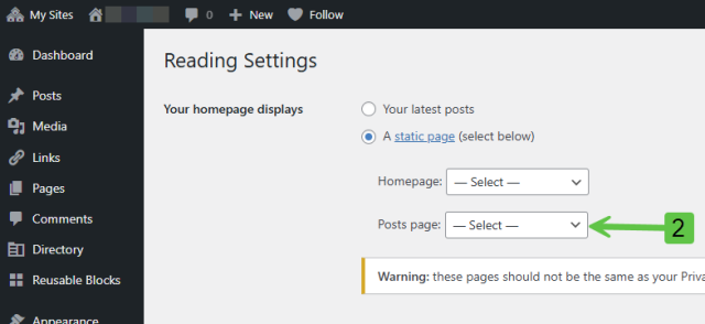 arrow pointing to the dropdown for posts page settings on a static homepage