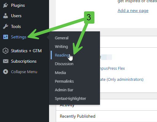Location of the Reading section on the Settings tab