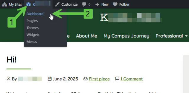 Location of the site dashboard button