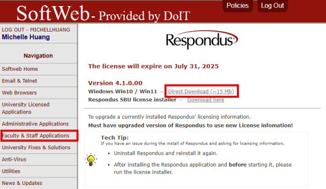Direct Download link under Respondus in Faculty & Staff Applications