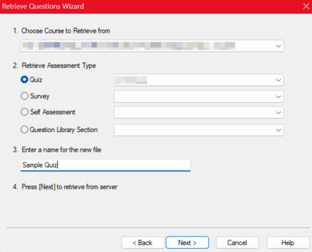 Retrieve Questions pop-up with specified course, assessment type, assessment and file name