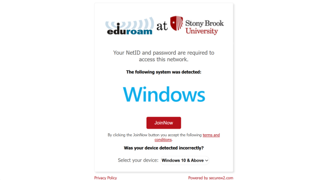 eduroam.stonybrook.edu - Click JoinNow