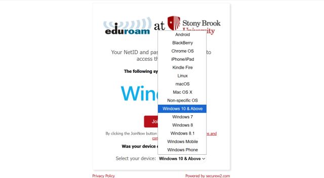 eduroam.stonybrook.edu - Select your device