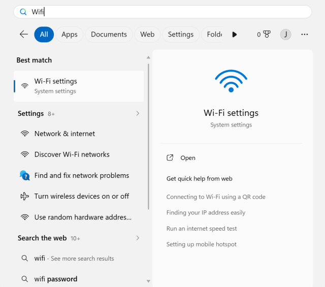 Windows device, find Wi-Fi settings