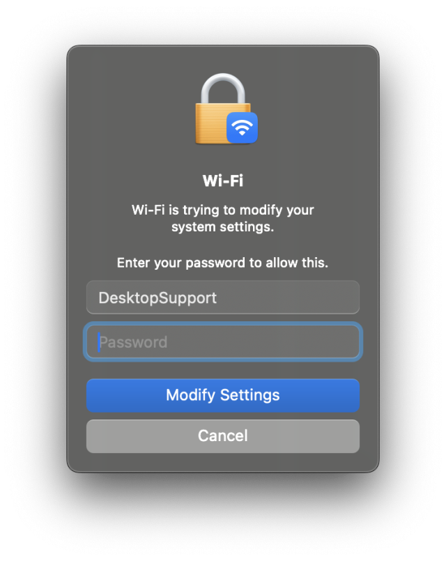 A macOS system password prompt to modify Wi-Fi settings.