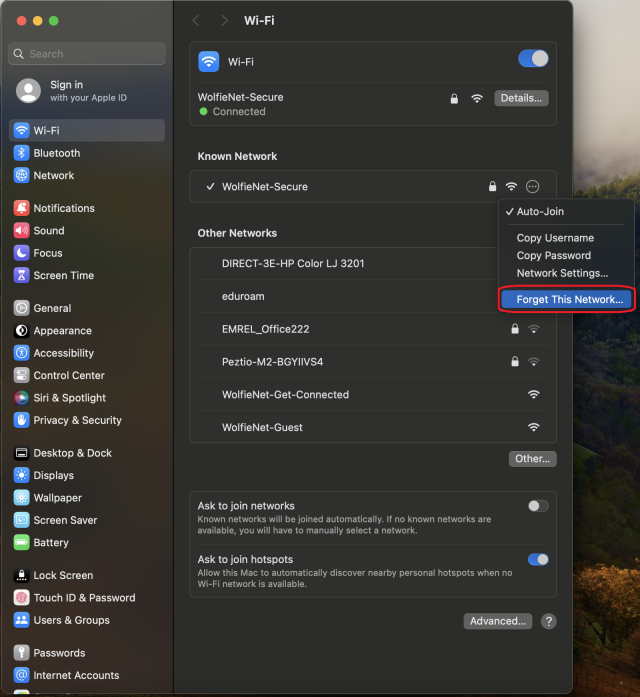 Select Forget This Network from the dropdown menu to remove it.