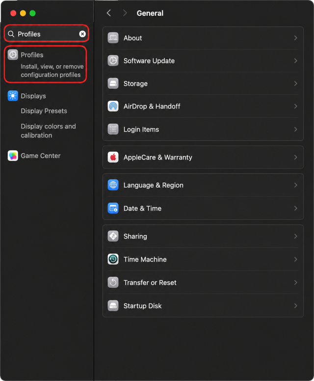 Go to Settings. Search ‘Profiles’ in the search bar. Click on Profiles.
